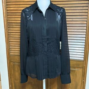 NWT Coldwater Creek Black Sheer Pleated Lace Front Blouse & Camisole Size S
